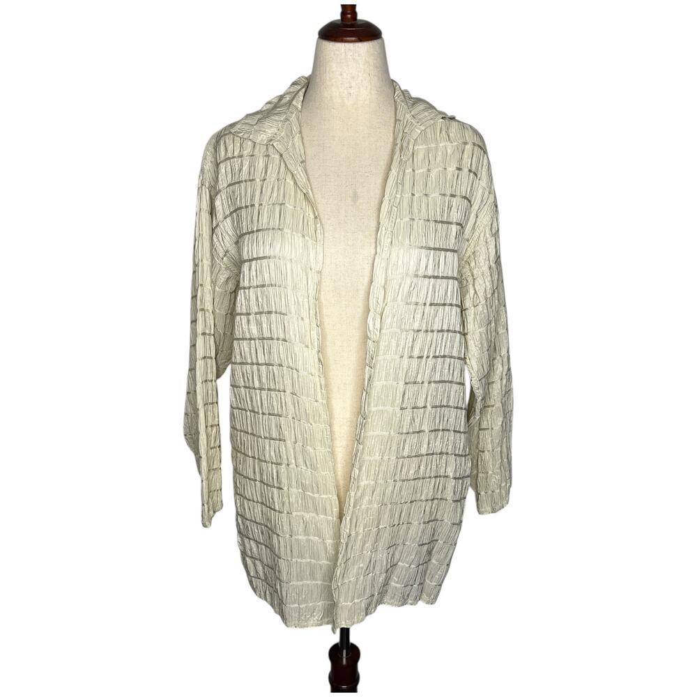 Vintage Zoran Women's Jacket M/L Cream 100% Silk USA Textured Plisse Open Front
